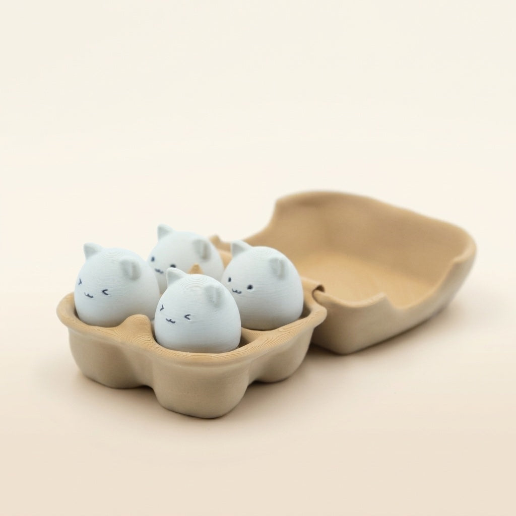 Eggie Meow Clicky Set of four egg-shaped cat face fidget toys in a brown carton with perky ears and cute expressions.