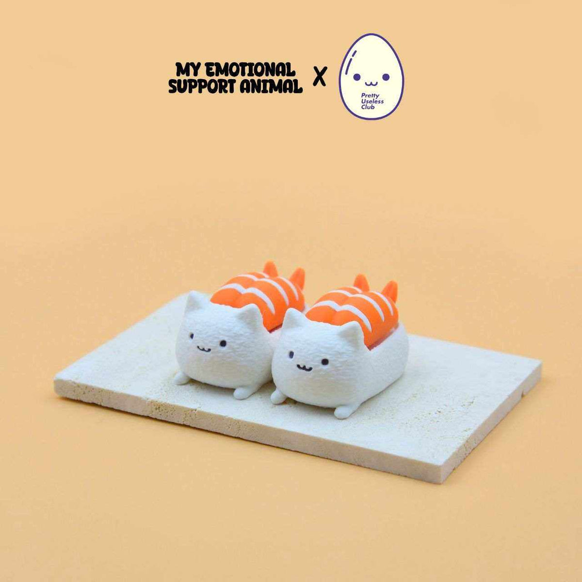 M.E.S.A. X Sushi Cat shrimp fidget clicker toy, M.E.S.A. X Sushi Cat hand-finished 3D-printed cat figurines shaped like shrimp sushi with clickable design and key chains