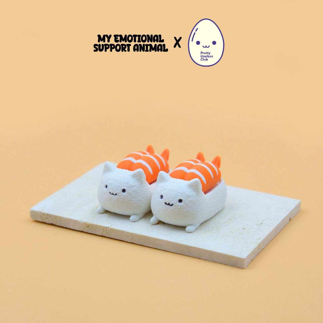 M.E.S.A. X Sushi Cat shrimp fidget clicker toy, M.E.S.A. X Sushi Cat hand-finished 3D-printed cat figurines shaped like shrimp sushi with clickable design and key chains