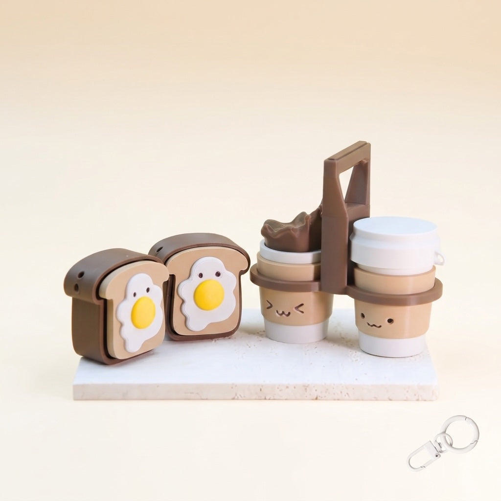 Quick Breakfast For Two Bundle: two fried-egg toast and two coffee cup clicky keychains in a carrier