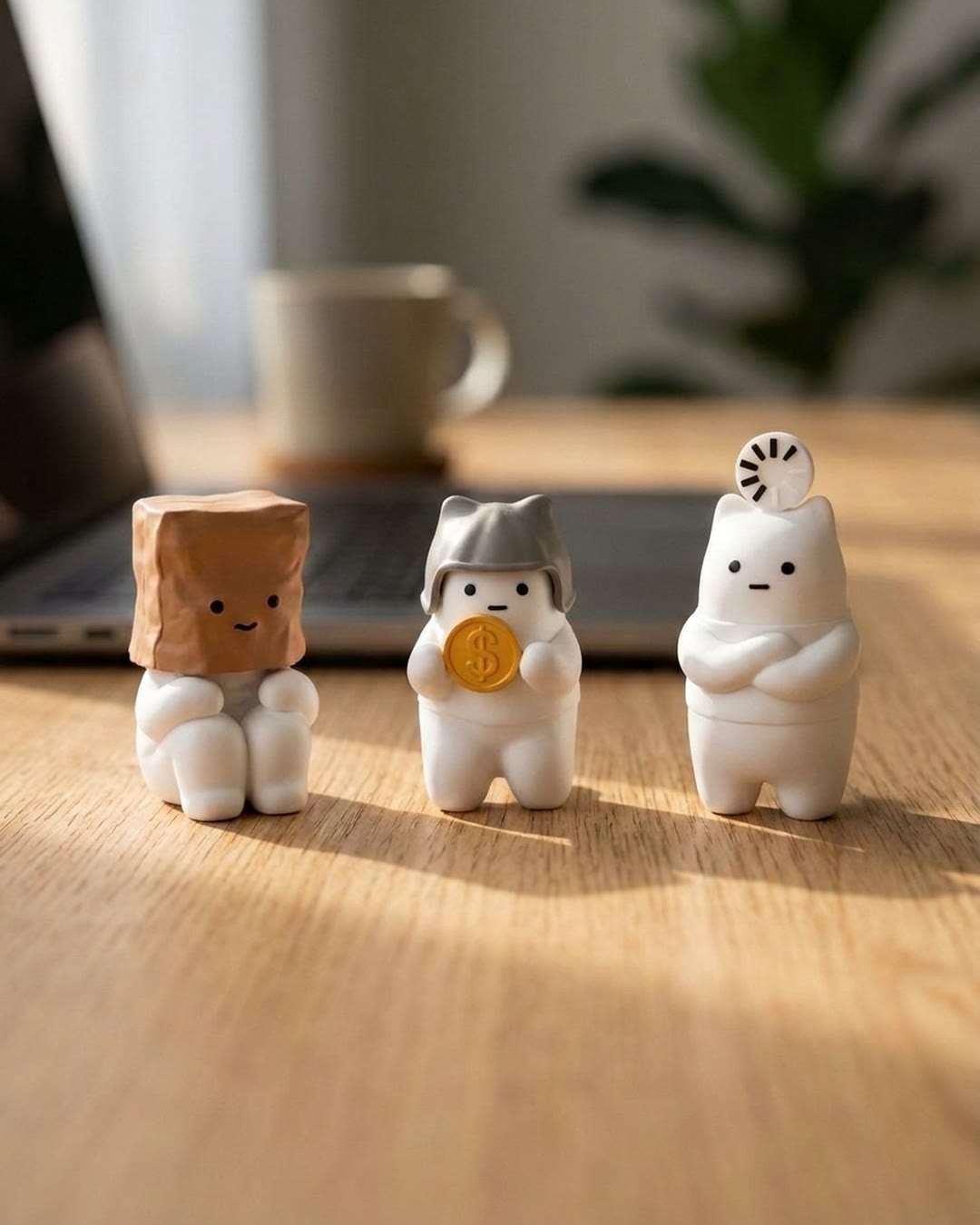 Three Working Cat figures on an office desk